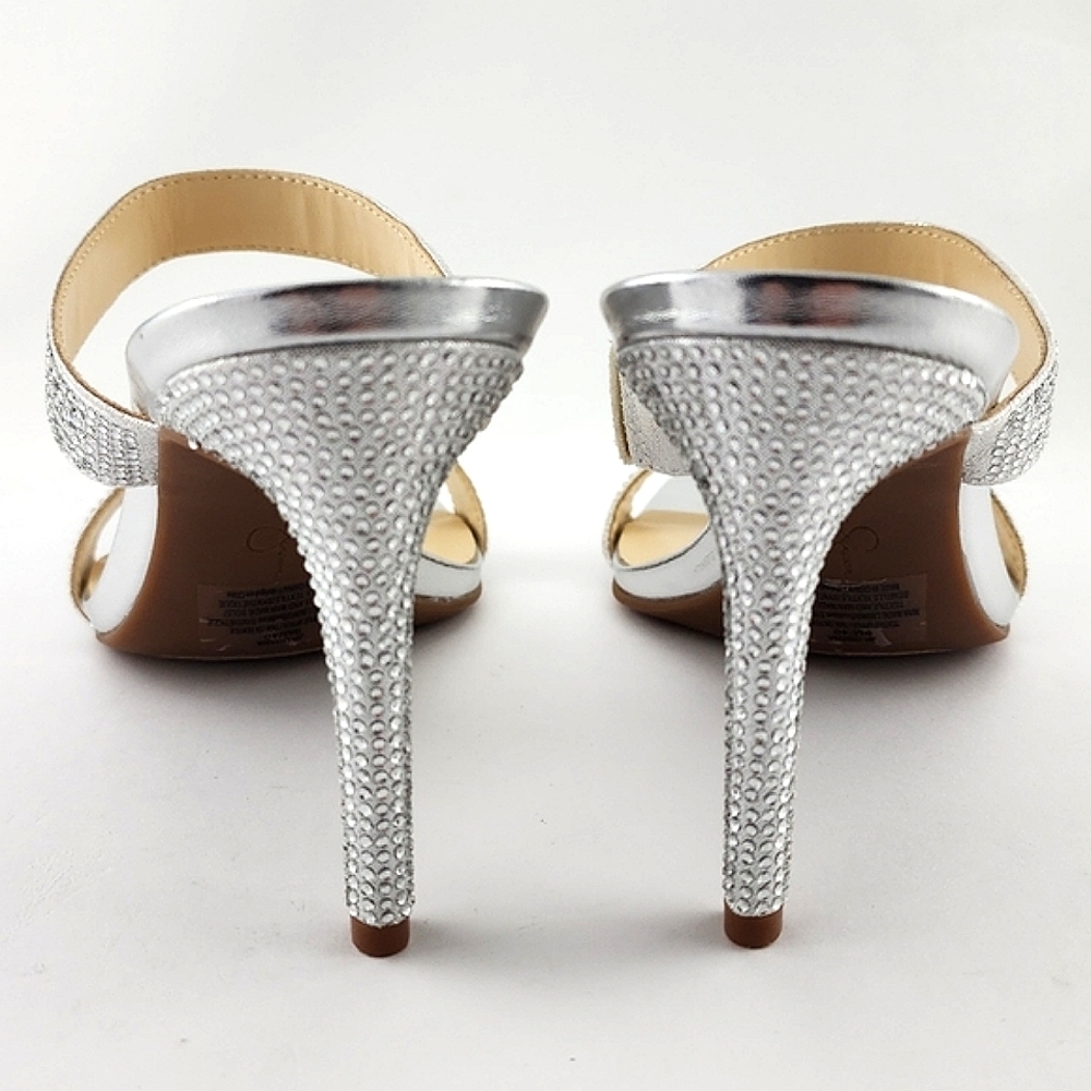 Jessica Simpson Women Silver Rhinestone Double Strap Slip On High Heel Sandal 9M - Picture 8 of 16